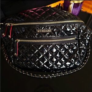 MZ Wallace Black Lacquer Quilted Crosby Sling Belt Bag Crossbody